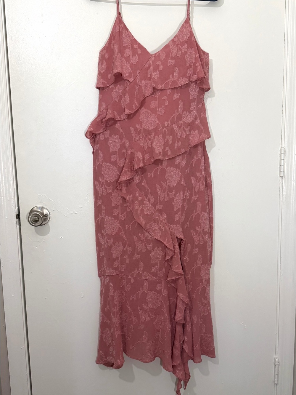 ZARA Dusky Pink Floral Textured Ruffle Slip Dress M Boho Romantic Cocktail Midi